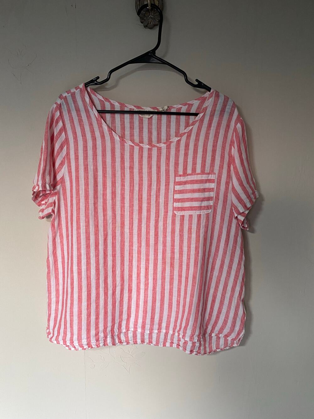 Christian Sirano 100% Linen Red & White Stripes Boxy Lightweight Blouse Top XL